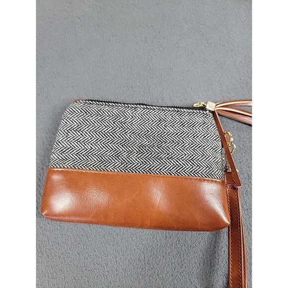 Funky Monkey Wristlet  Zippered Pouch Gray Herringbone Brown Tassel City Lined - Picture 9 of 10
